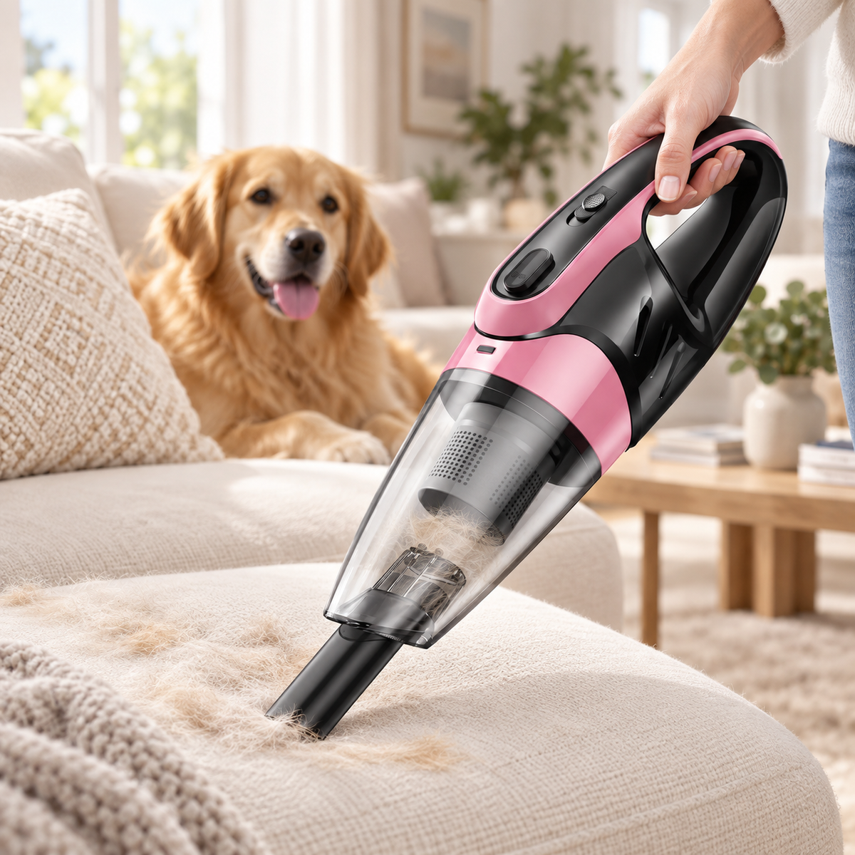 Pink cordless handheld vacuum removing pet hair from a sofa