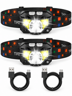 Two black rechargeable LED headlamps with two USB charging cables on a white background