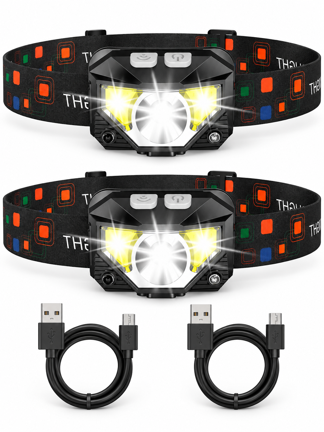 Two black rechargeable LED headlamps with two USB charging cables on a white background