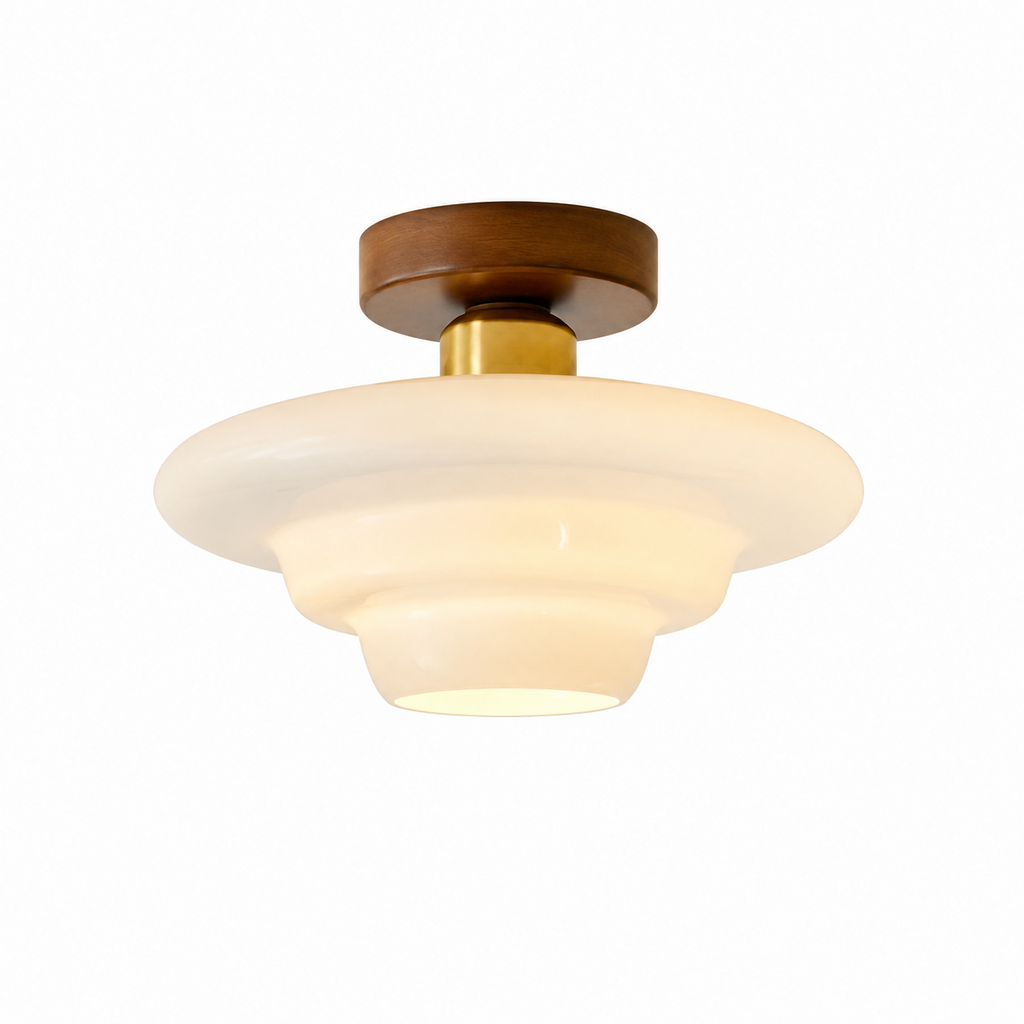 Opal Glass Flush Mount Ceiling Light with Wood Accent
