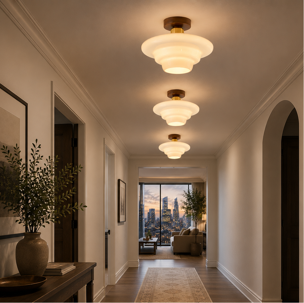 Opal Glass Flush Mount Ceiling Light with Wood Accent