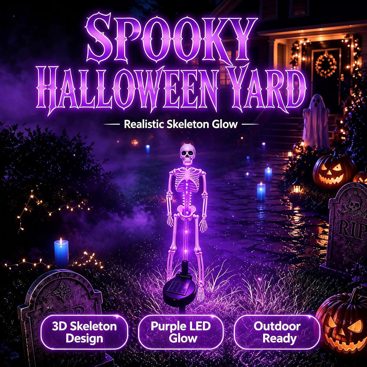 Halloween Outdoor Solar Lights Skeleton 2 Pack, Solar Pathway Lights and Halloween Solar Lights, Halloween Skeleton Decorations Outdoor
