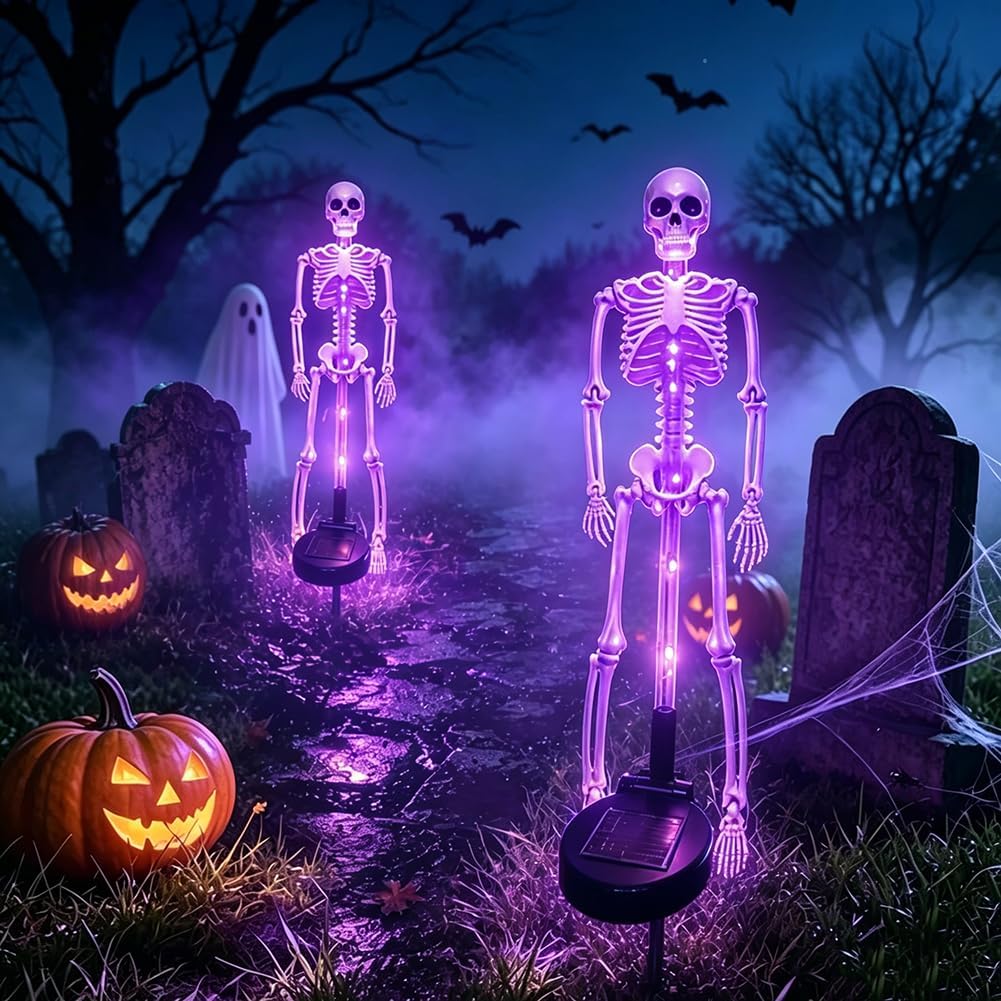 Halloween Outdoor Solar Lights Skeleton 2 Pack, Solar Pathway Lights and Halloween Solar Lights, Halloween Skeleton Decorations Outdoor