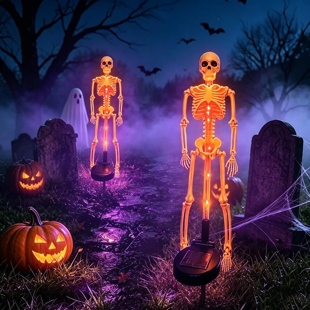 Halloween Outdoor Solar Lights Skeleton 2 Pack, Solar Pathway Lights and Halloween Solar Lights, Halloween Skeleton Decorations Outdoor