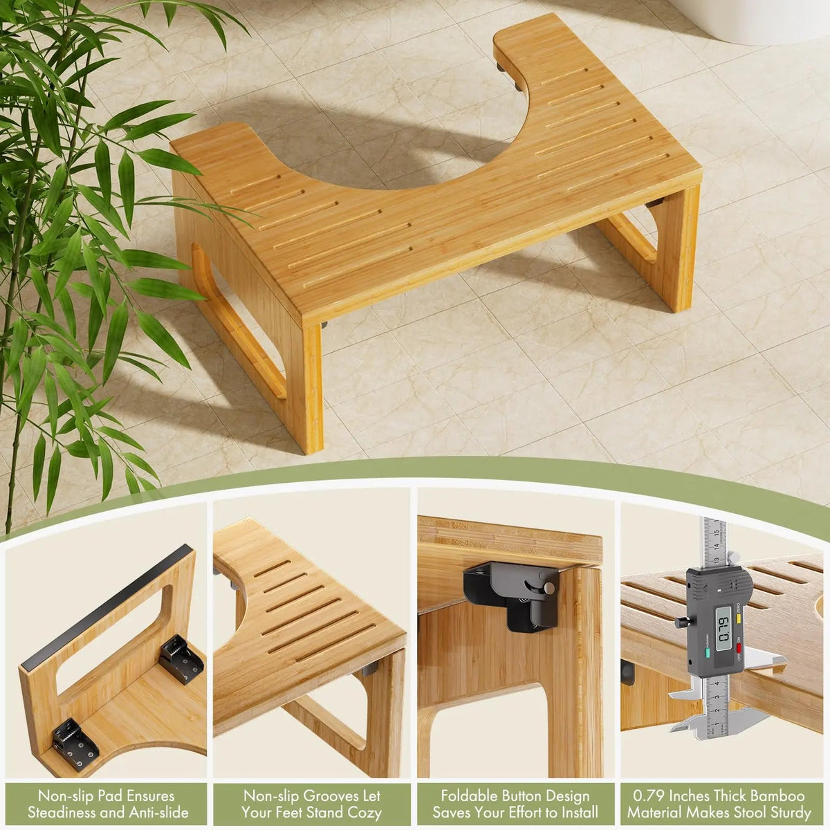 Foldable Bamboo Toilet Foot Stool with Non-Slip Base