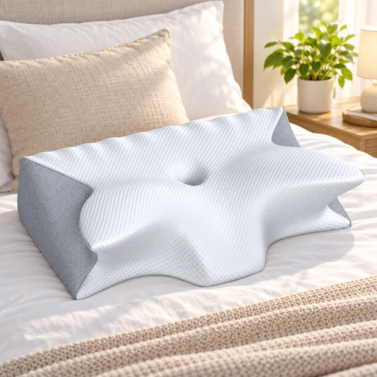 Contoured memory foam anti-snore pillow on a made bed