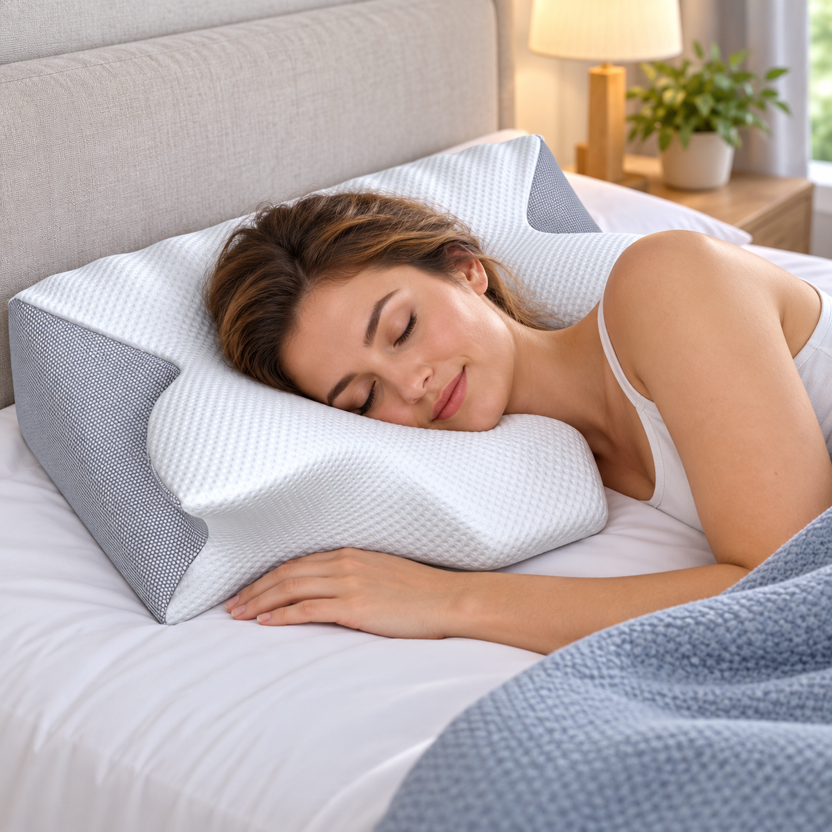 Side sleeper using an ergonomic memory foam pillow