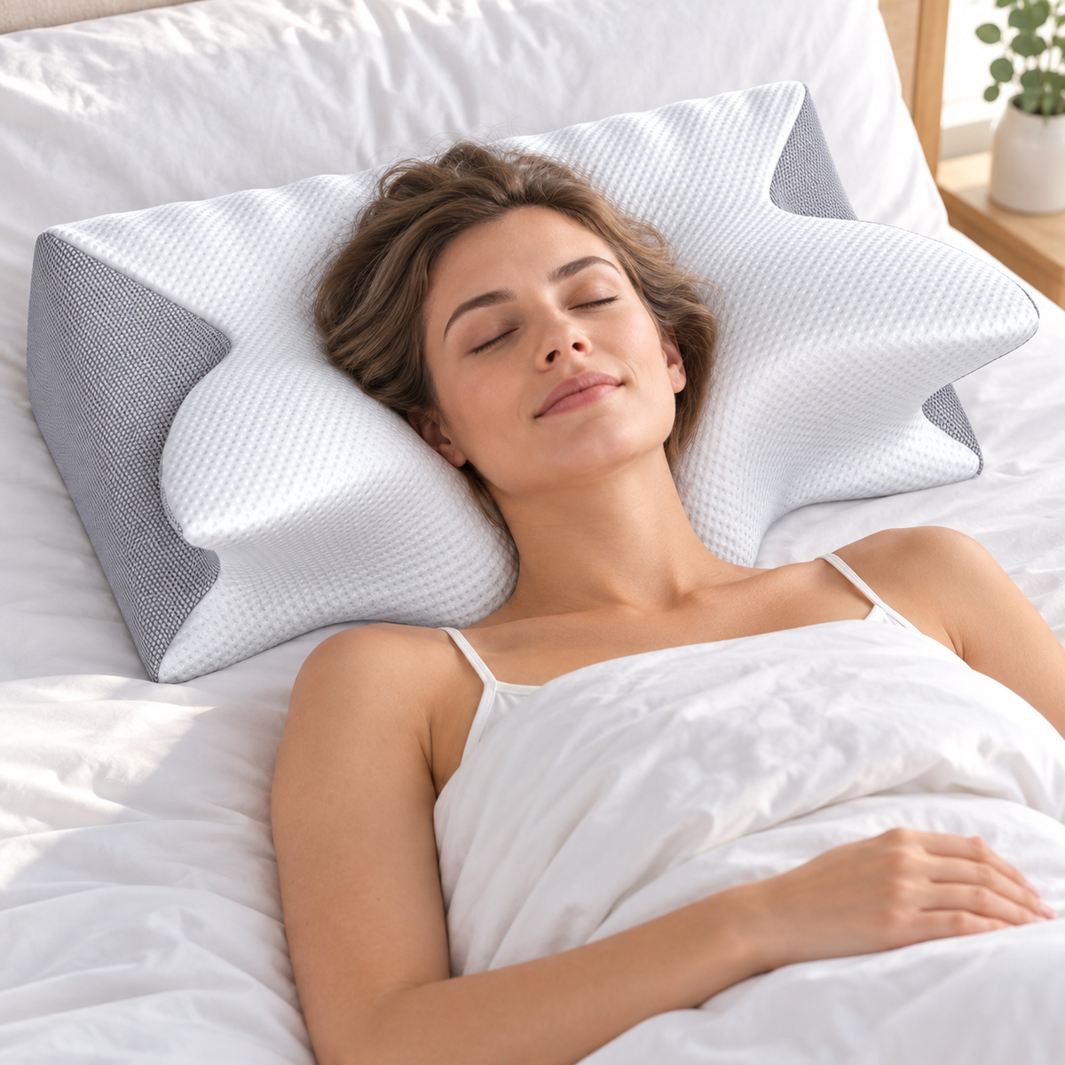 Back sleeper supported by a contoured anti-snore pillow