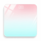 Pastel gradient tempered glass digital bathroom scale on a white background