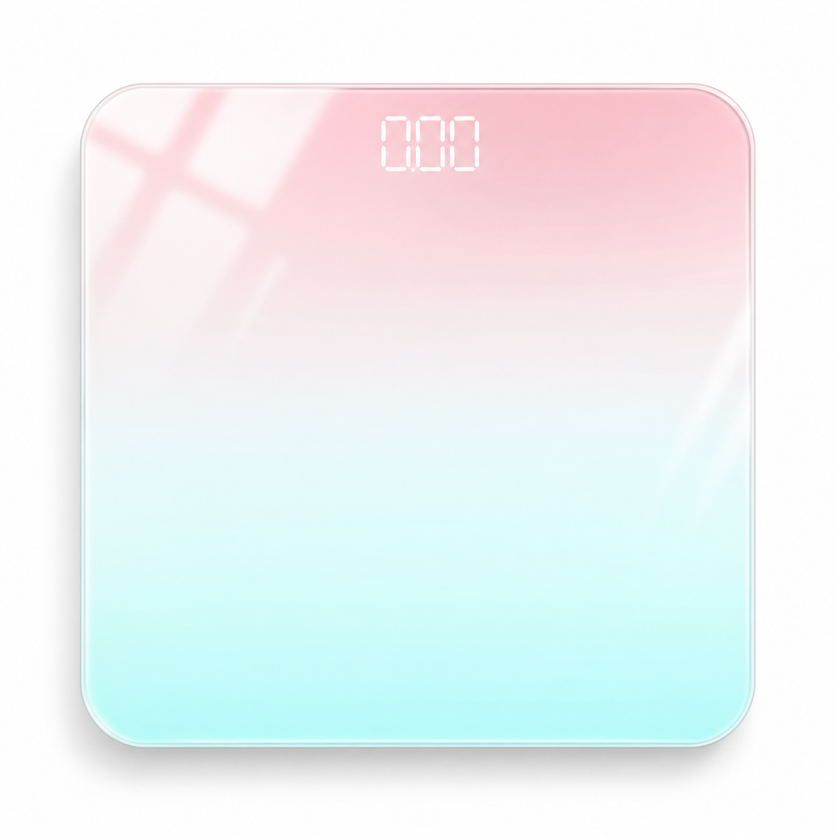 Pastel gradient tempered glass digital bathroom scale on a white background