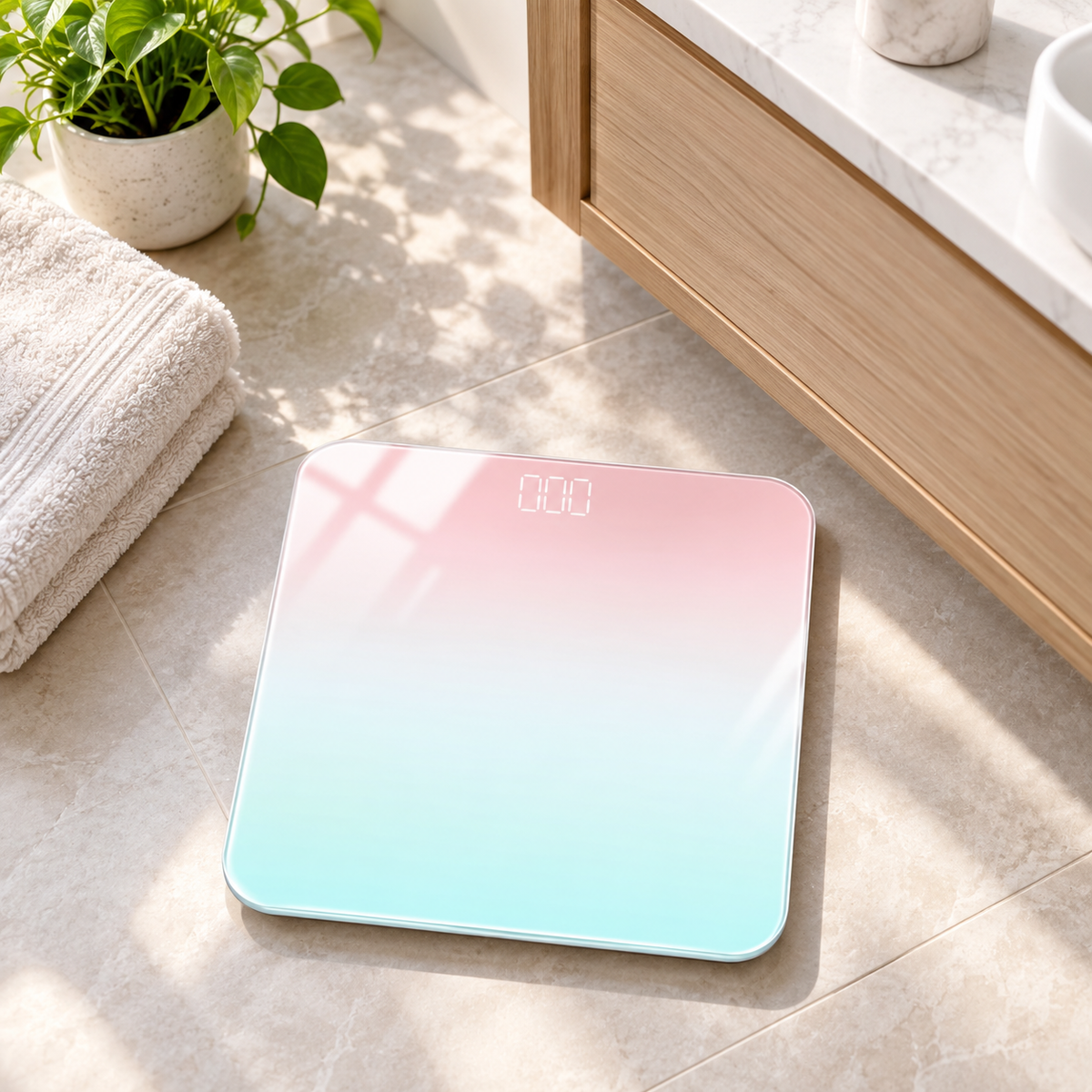 Pastel gradient tempered glass scale beside a bathroom vanity