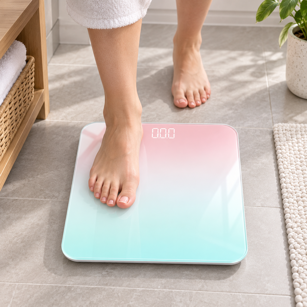 Person stepping onto a slim digital bathroom scale