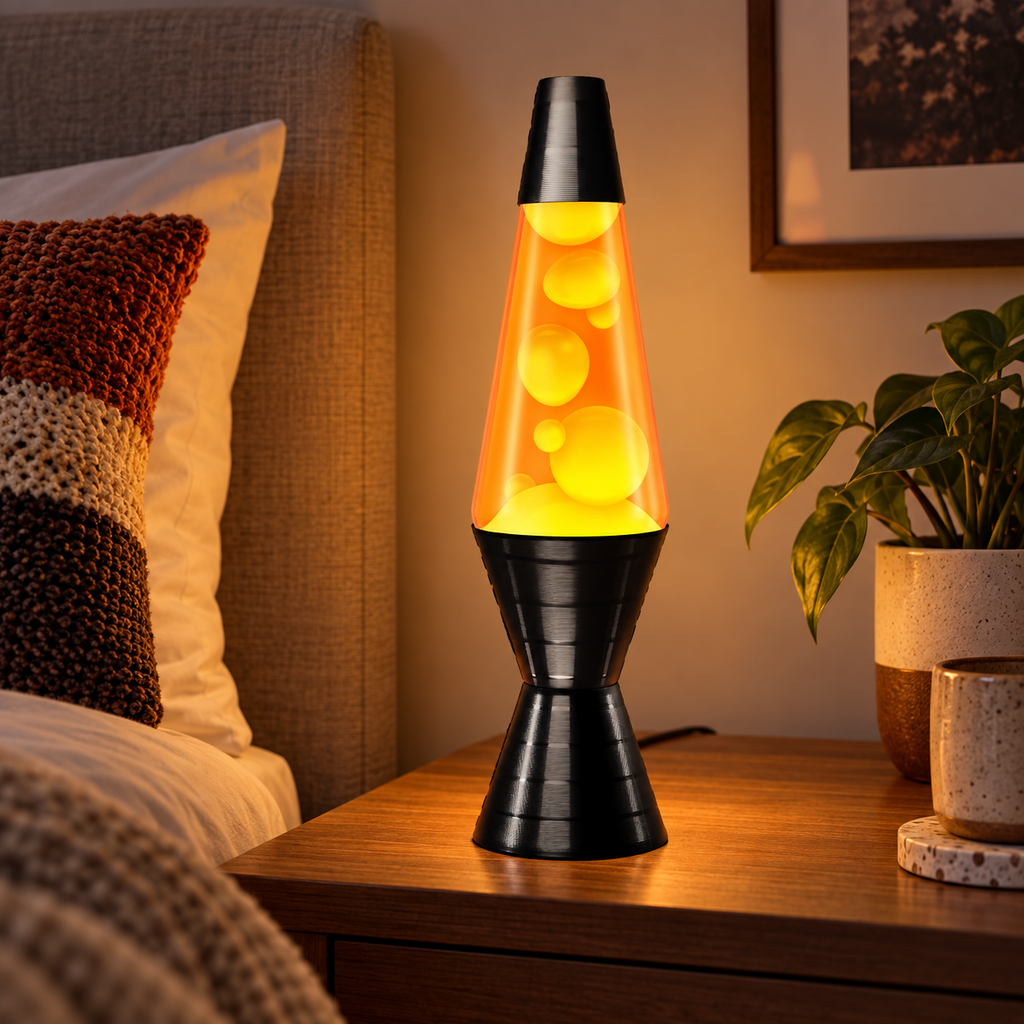 Retro lava lamp glowing on a bedroom nightstand