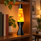 Wax motion lava lamp glowing on a living room bookshelf