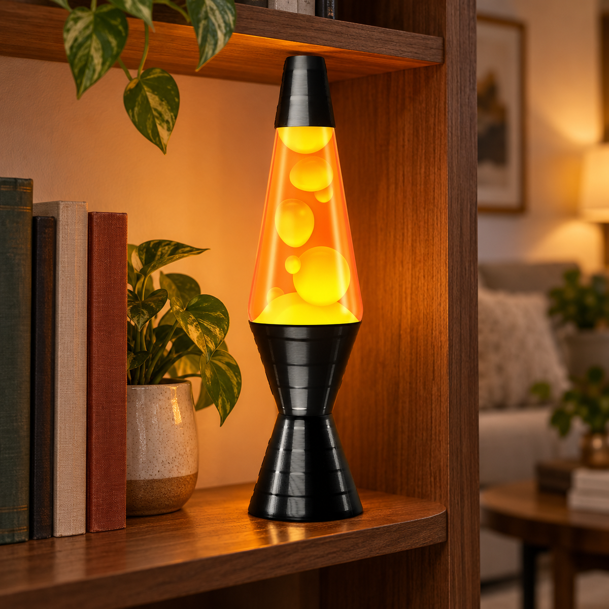 Wax motion lava lamp glowing on a living room bookshelf