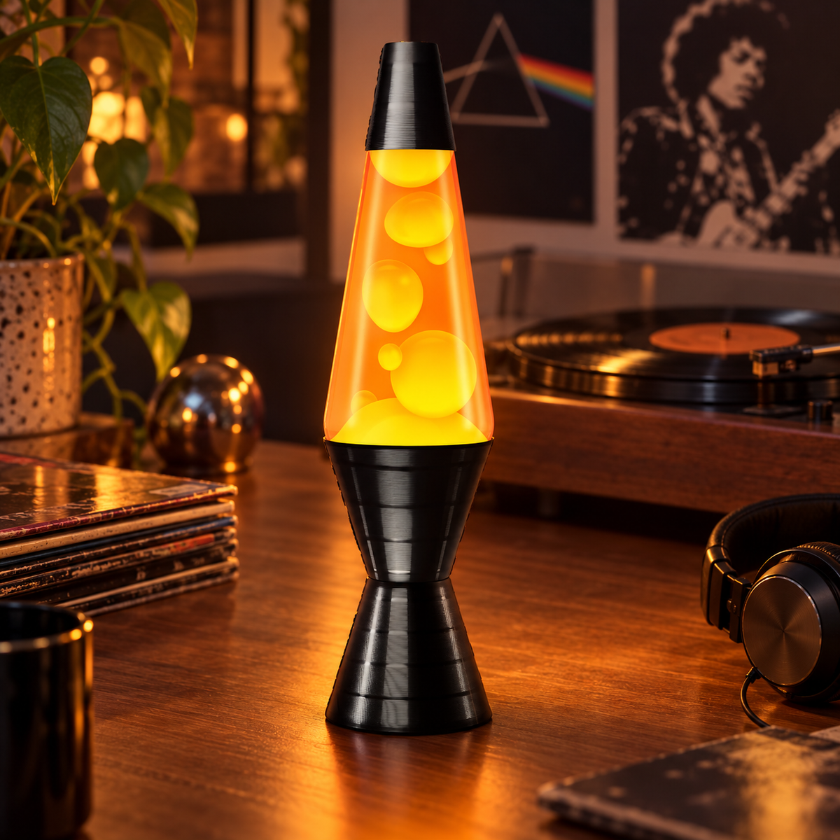 Retro lava lamp beside a record player in a music room