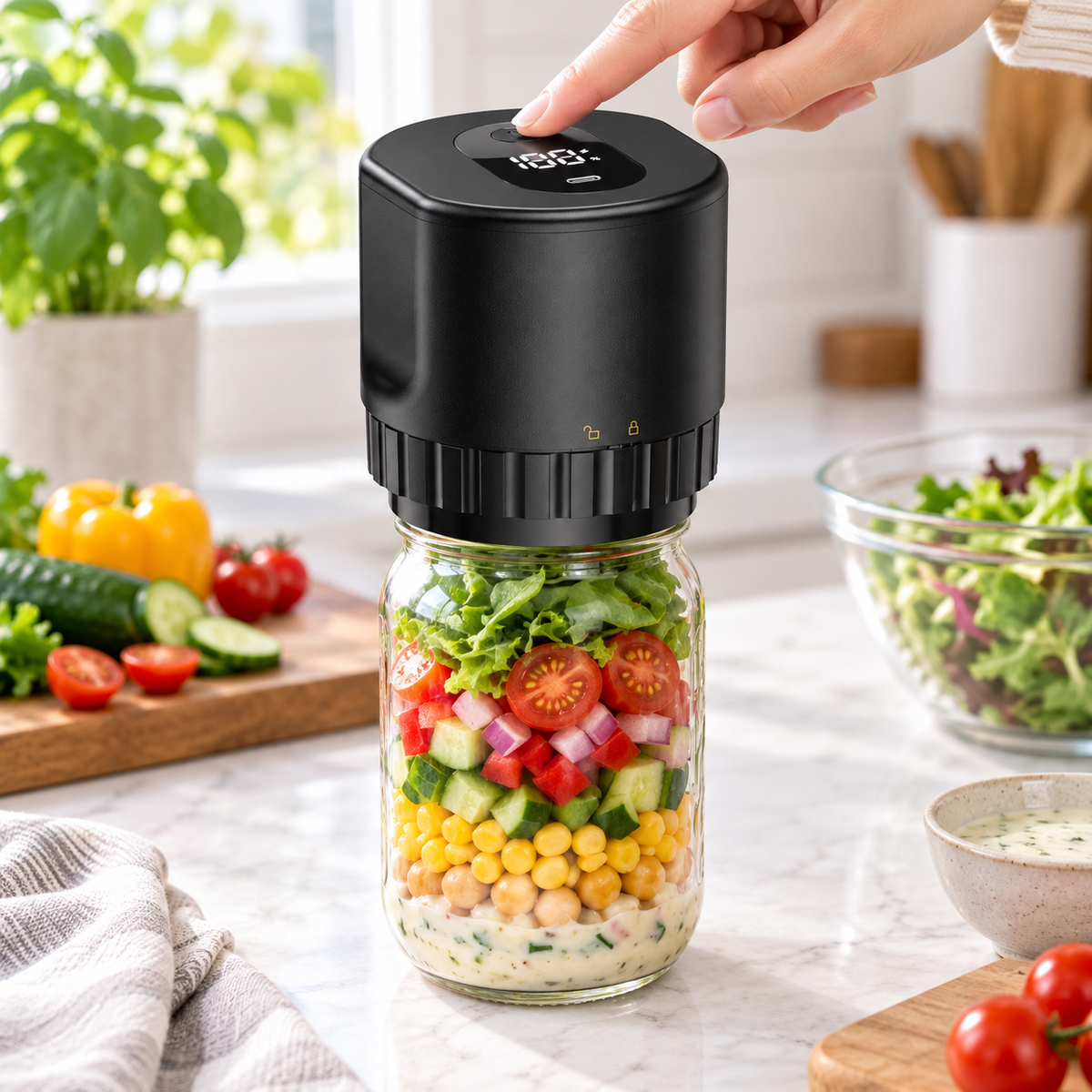 Electric mason jar vacuum sealer sealing a layered salad jar