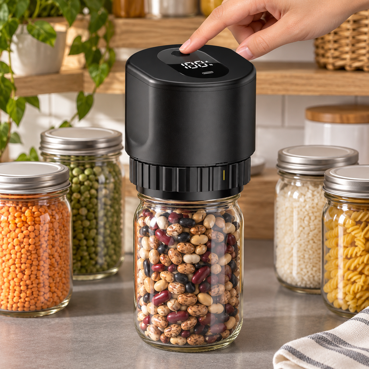 Cordless mason jar vacuum sealer preserving dry beans