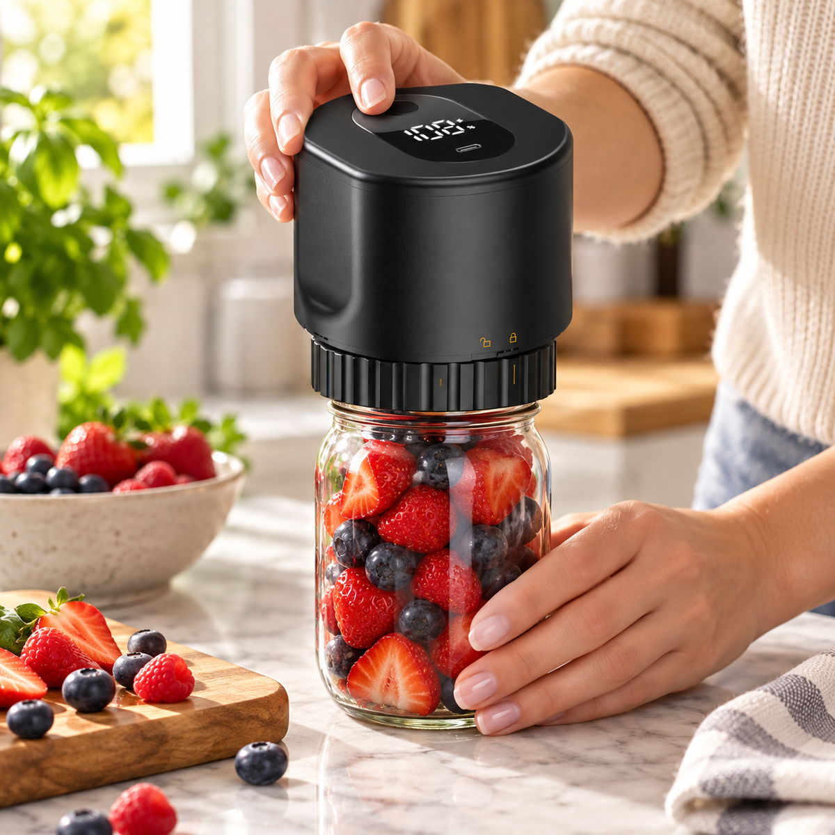 Electric mason jar vacuum sealer preserving fresh berries