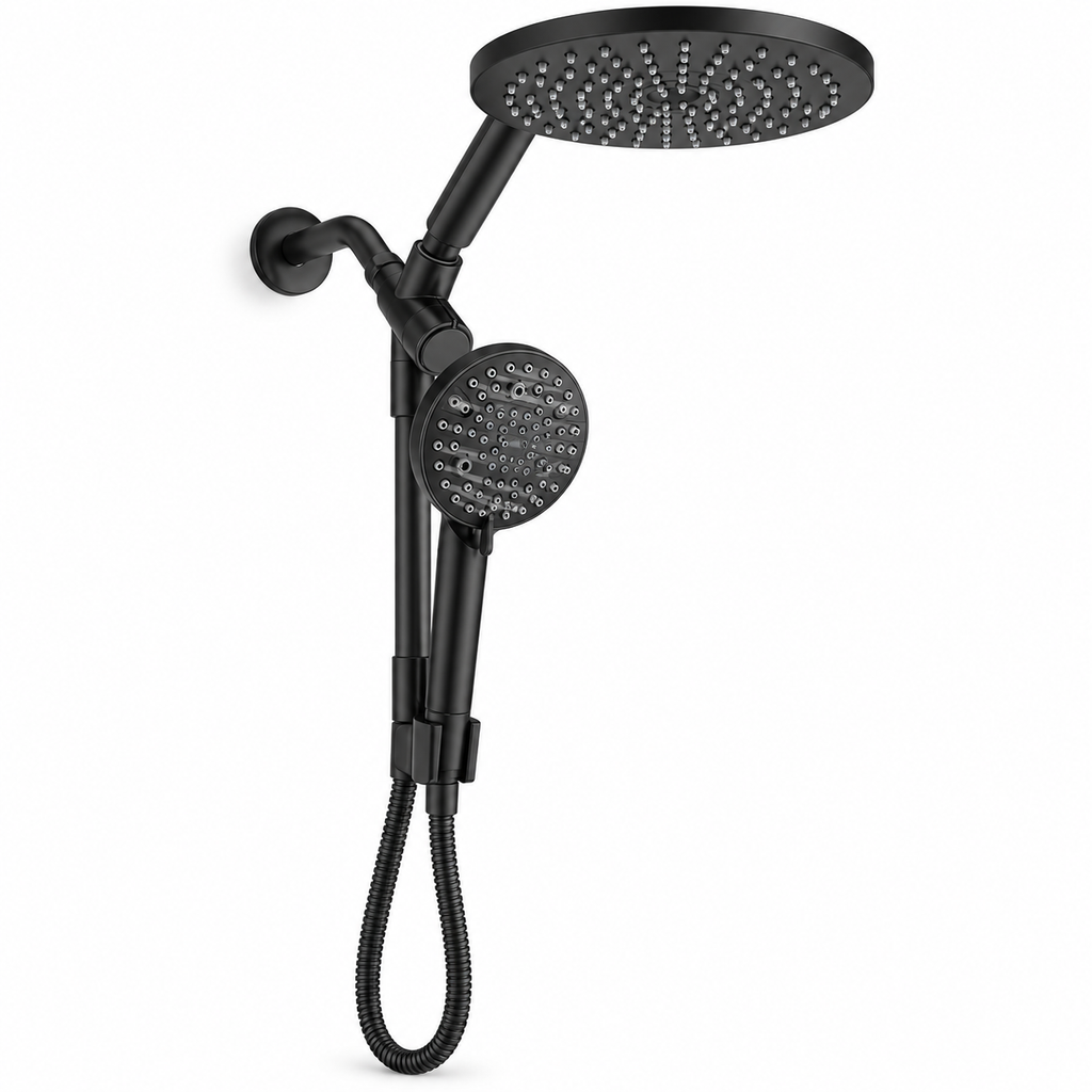 Matte black handheld and fixed shower head combo on a white background