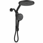 Matte black handheld and fixed shower head combo on a white background