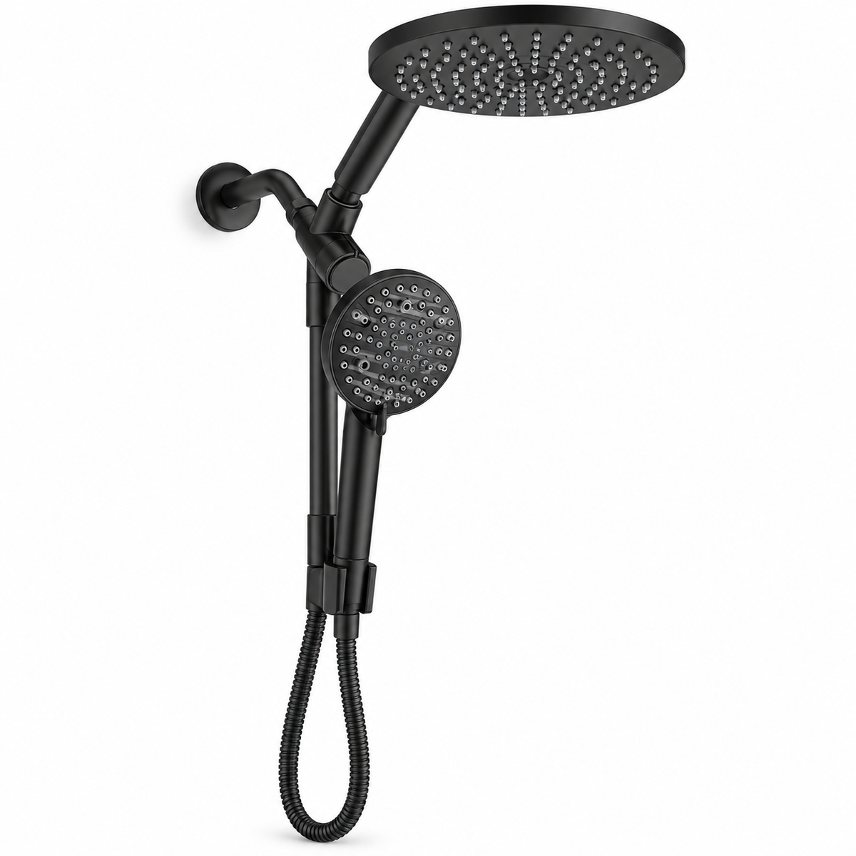 Matte black handheld and fixed shower head combo on a white background