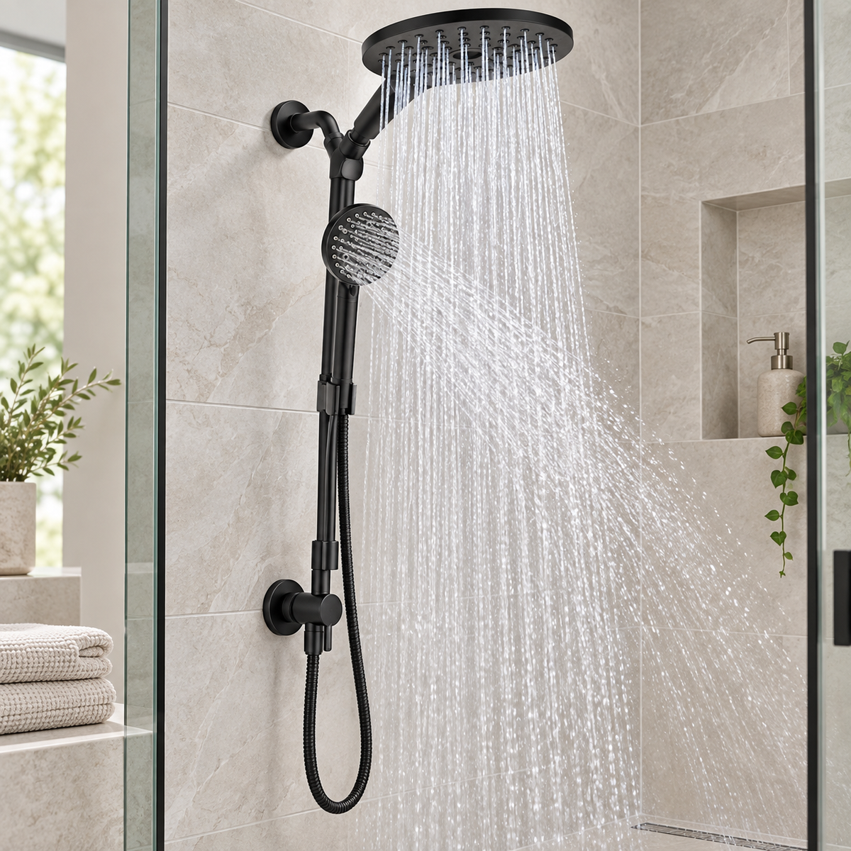 Dual shower head combo running in a modern stone shower