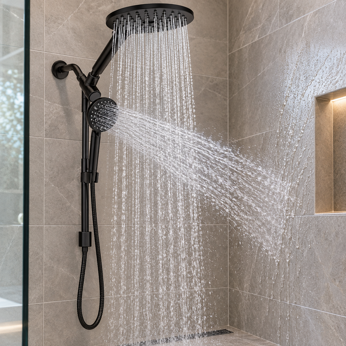 High-pressure fixed and handheld shower heads in use