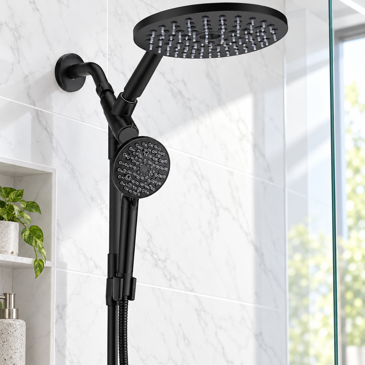 Matte black shower head combo installed in a bright bathroom
