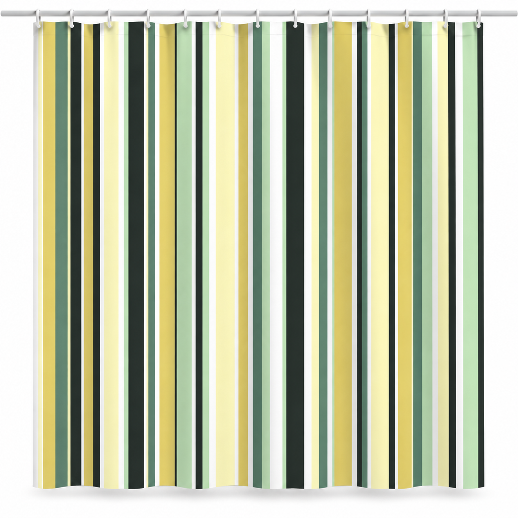 Modern green and yellow striped fabric shower curtain on a white background