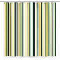 Modern green and yellow striped fabric shower curtain on a white background
