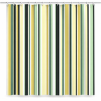 Modern green and yellow striped fabric shower curtain on a white background