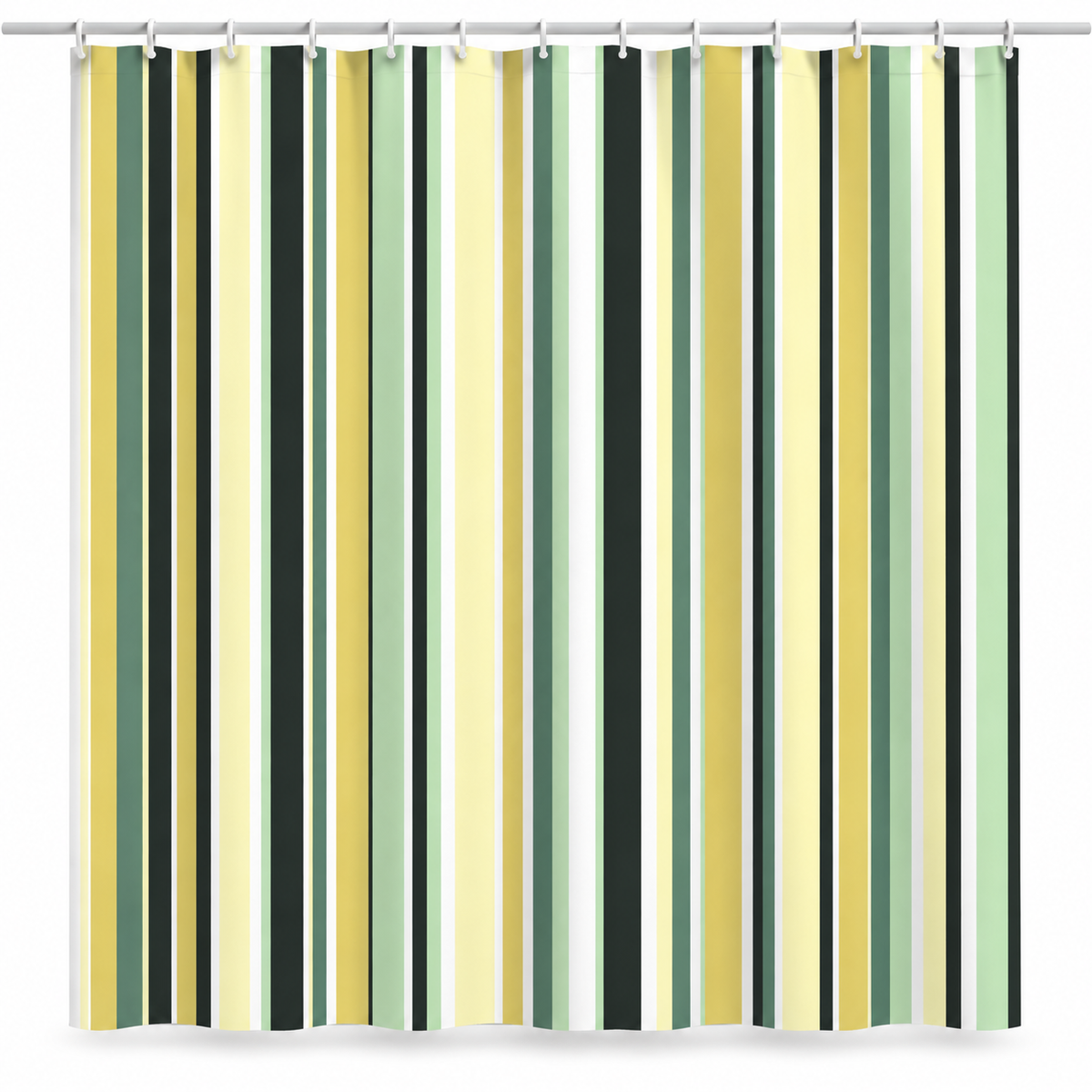Modern green and yellow striped fabric shower curtain on a white background