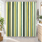 Striped fabric shower curtain around a modern white bathtub