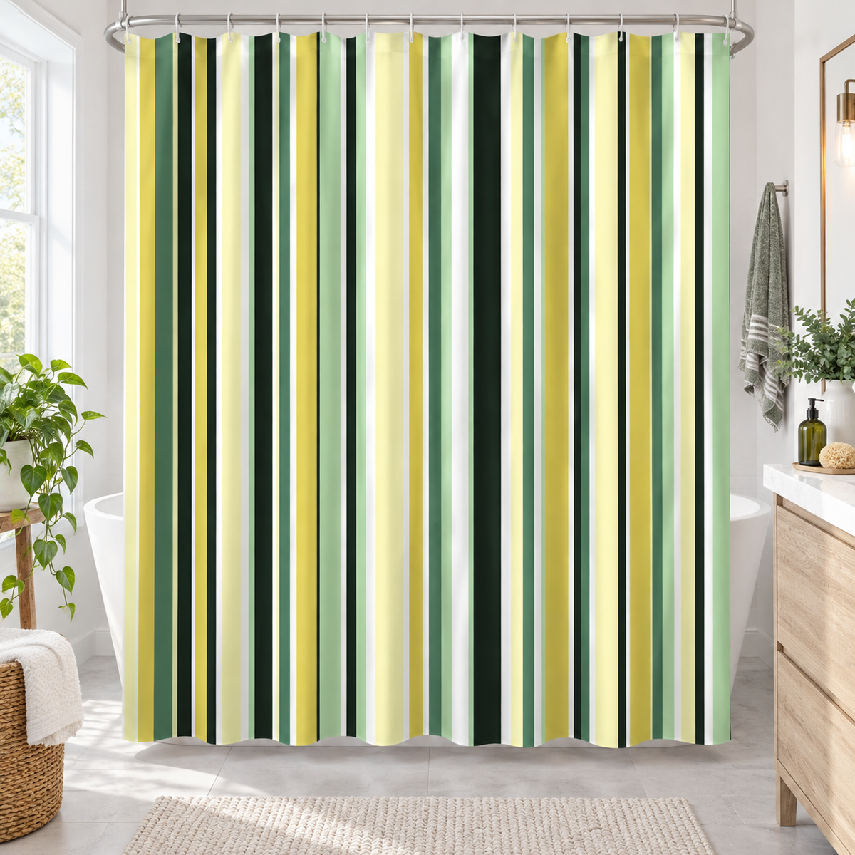 Striped fabric shower curtain around a modern white bathtub