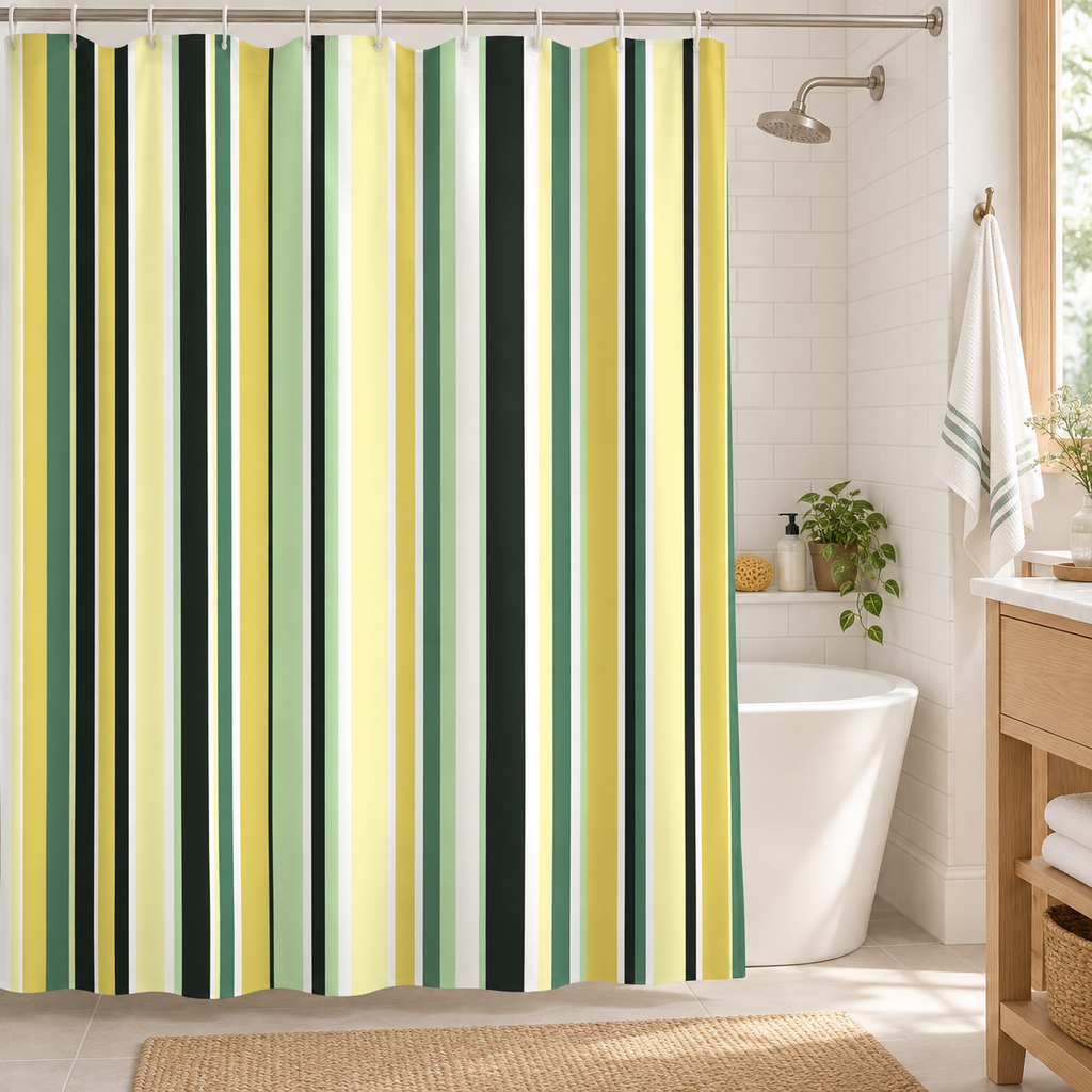 Green and yellow striped shower curtain in a guest bathroom