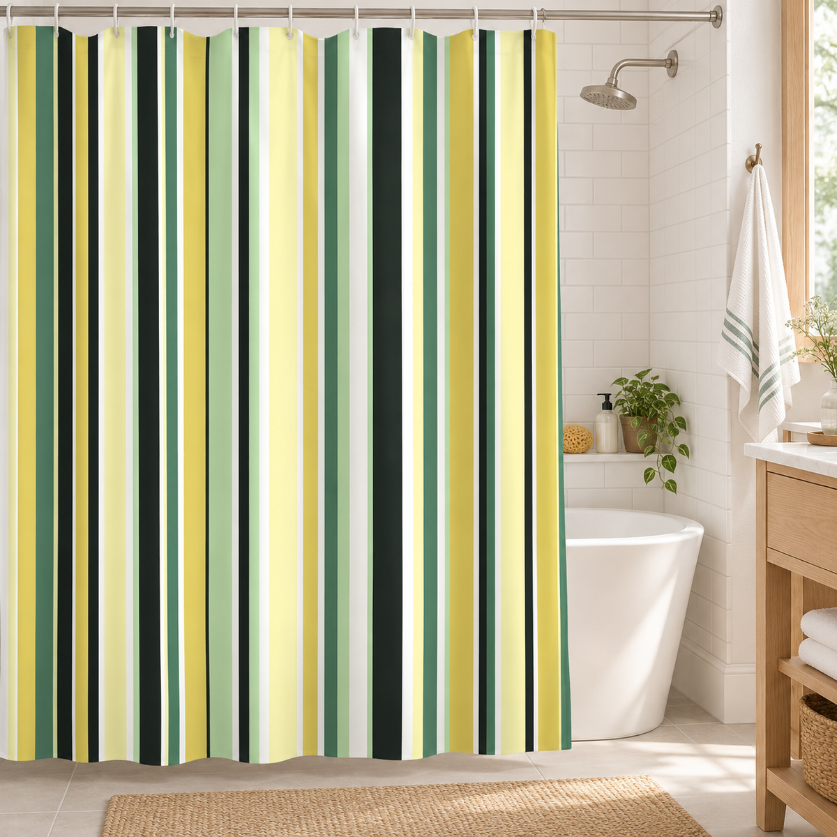 Green and yellow striped shower curtain in a guest bathroom