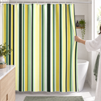 Person drawing a modern striped fabric shower curtain closed