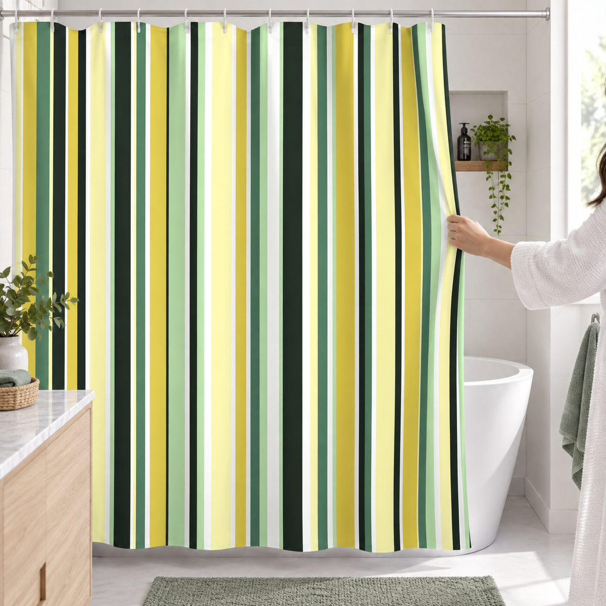 Person drawing a modern striped fabric shower curtain closed
