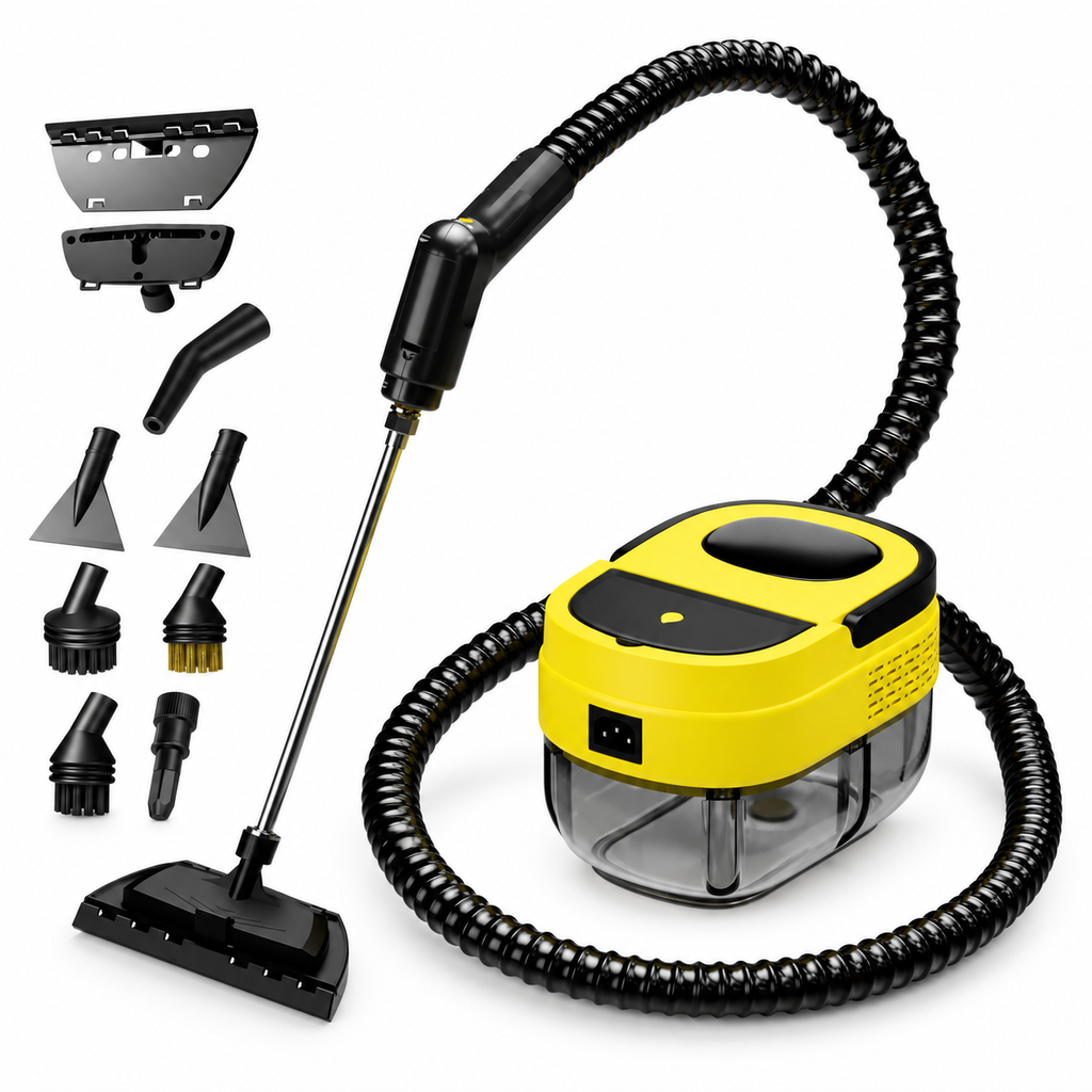 Multi-surface steam cleaner and attachments on a white background
