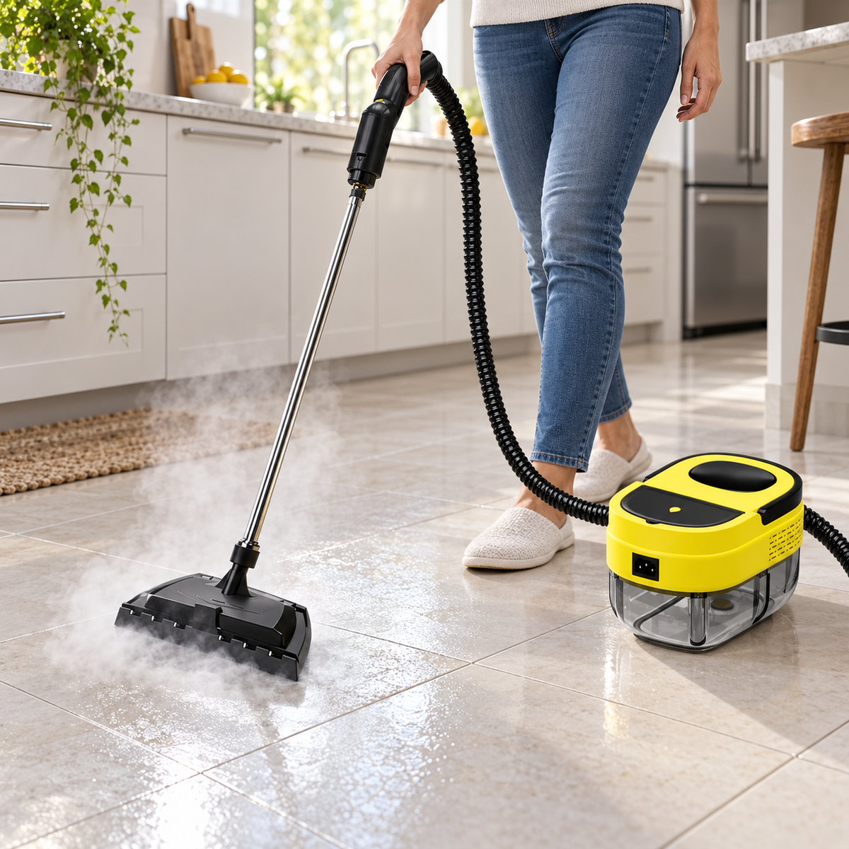 Multi-surface steam cleaner cleaning kitchen tile flooring