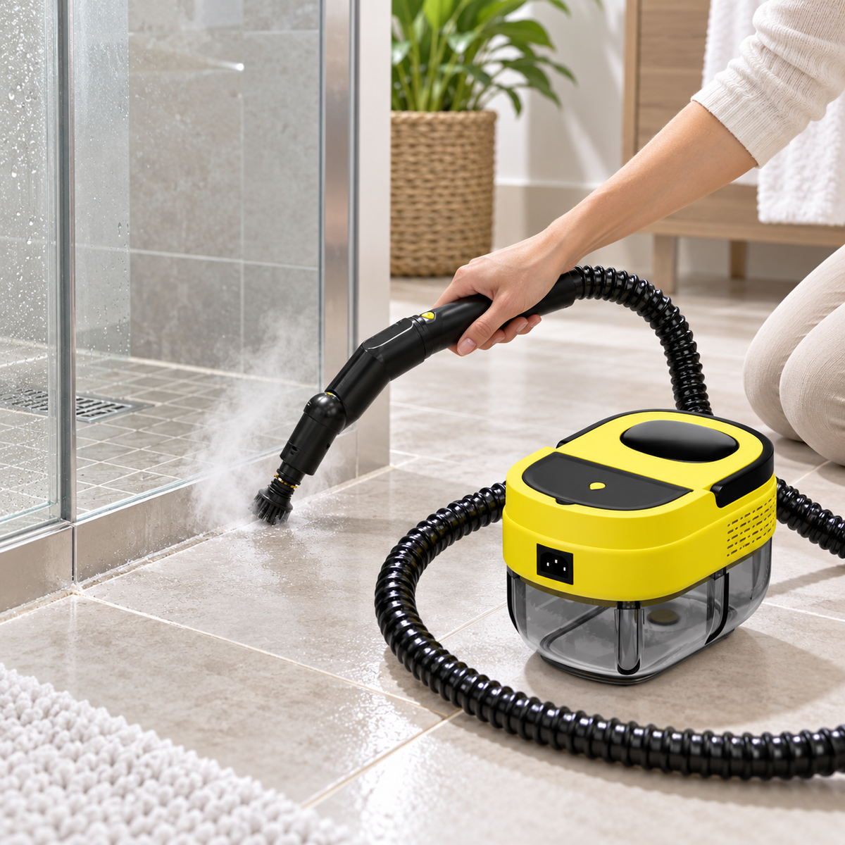 Handheld steam cleaner cleaning shower grout