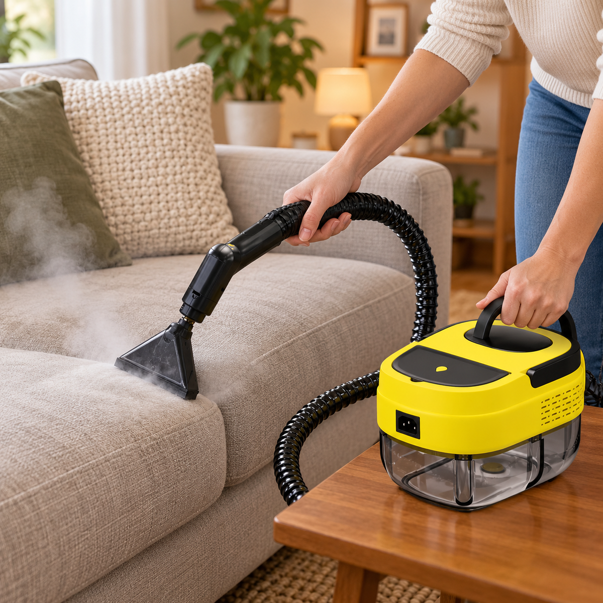 Multi-surface steam cleaner refreshing a fabric sofa