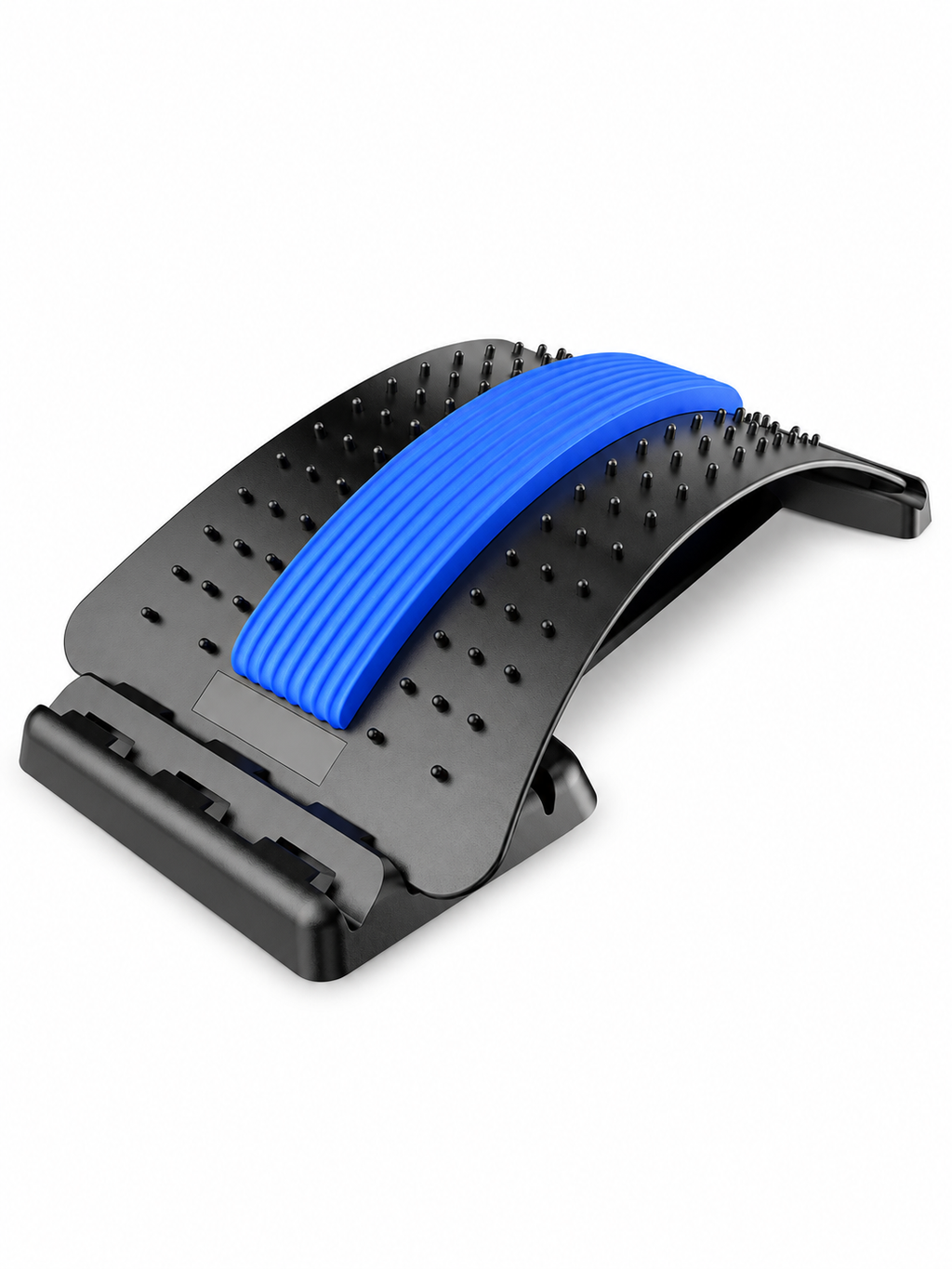 Black and blue adjustable multi-level back stretcher on a seamless white background