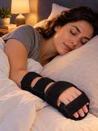 Black adjustable hand support brace worn while resting in bed