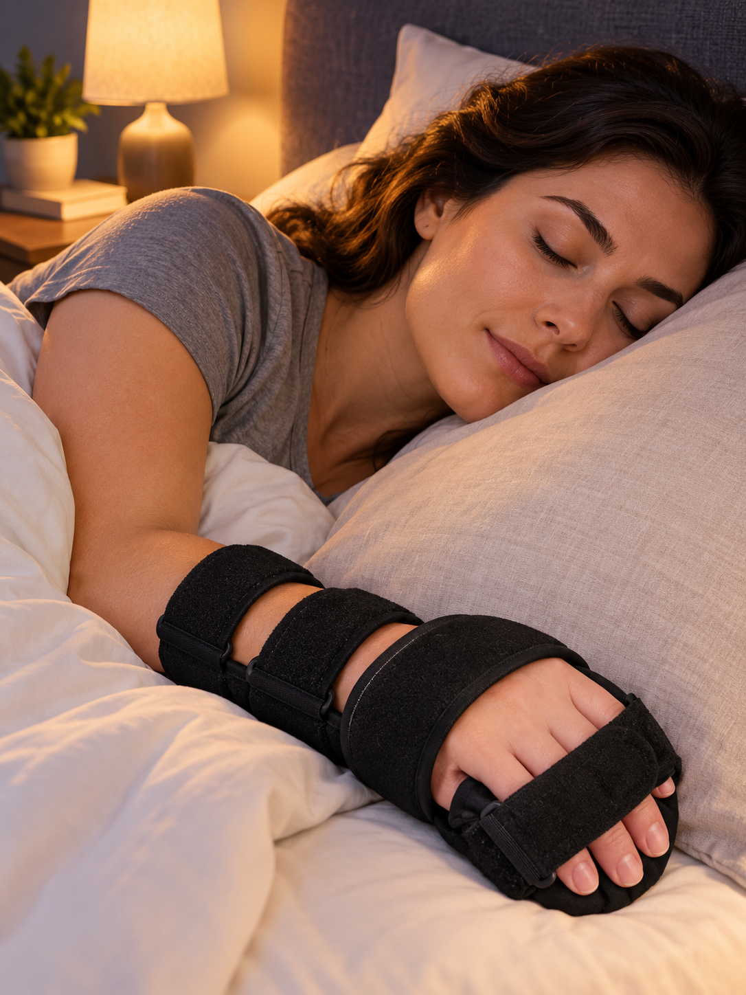 Black adjustable hand support brace worn while resting in bed
