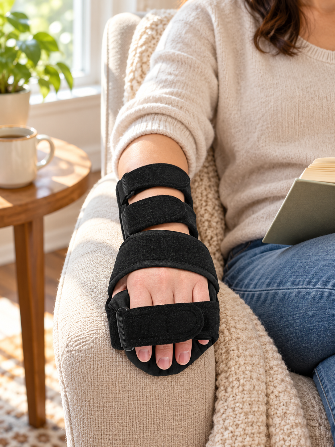 Black adjustable hand support brace worn in a sunny home reading nook