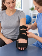 Black adjustable hand support brace fitted in a physical therapy clinic