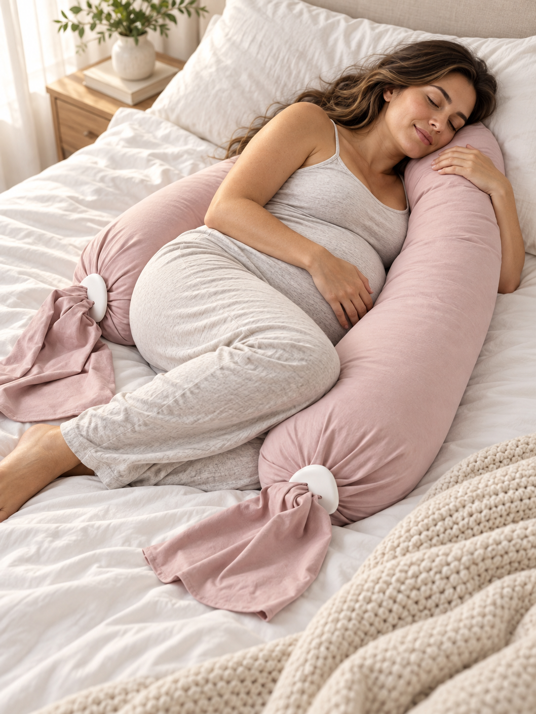 Blush pink adjustable pregnancy pillow supporting a side sleeper in a bright bedroom
