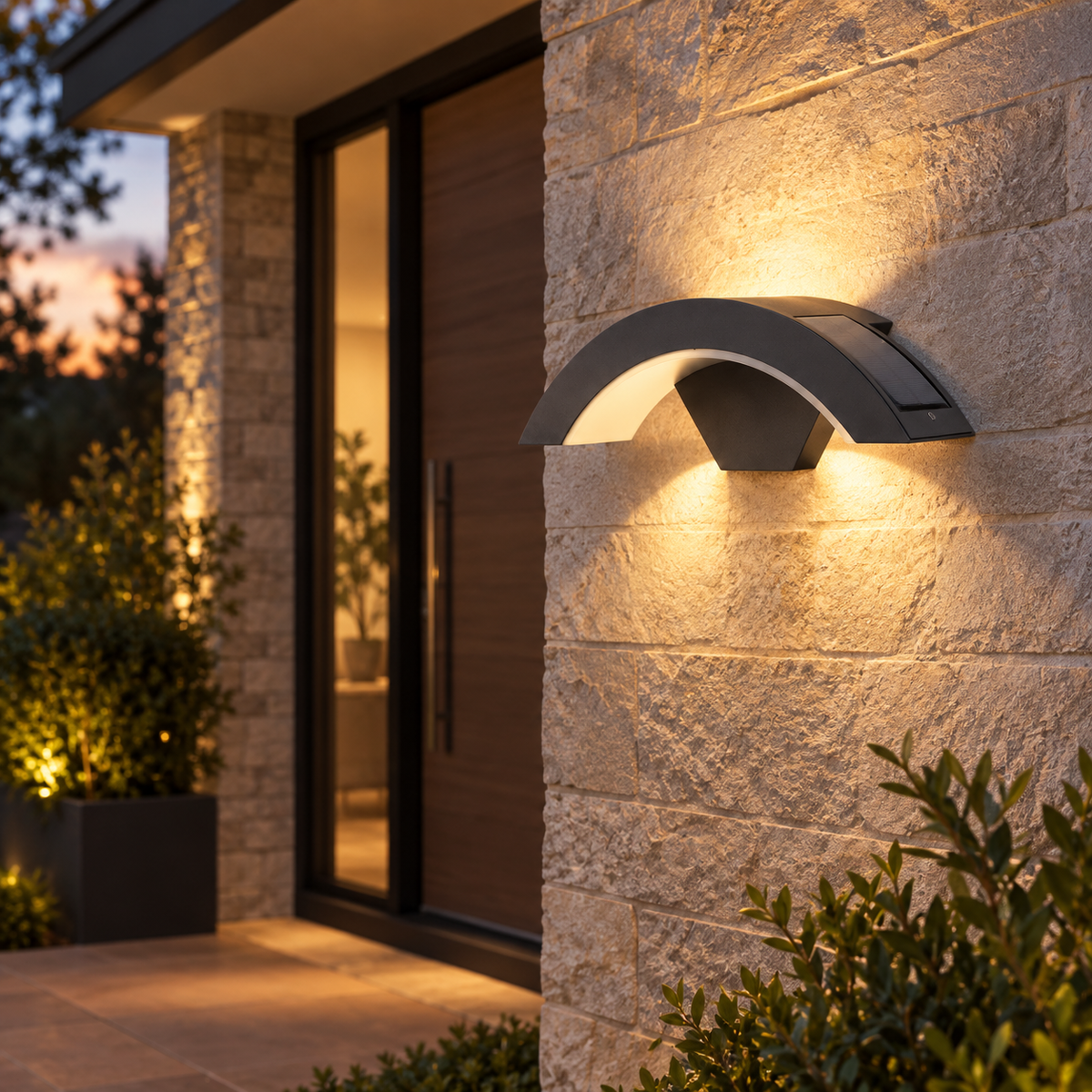 Black arched outdoor wall light at a stone home entrance